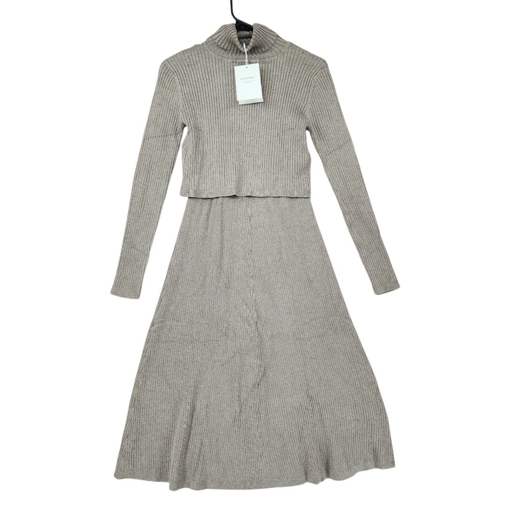 Seraphine Roll Neck A Line Dress 2‎ Women Leah Oatmeal Ribbed Maternity Nursing - Picture 2 of 13